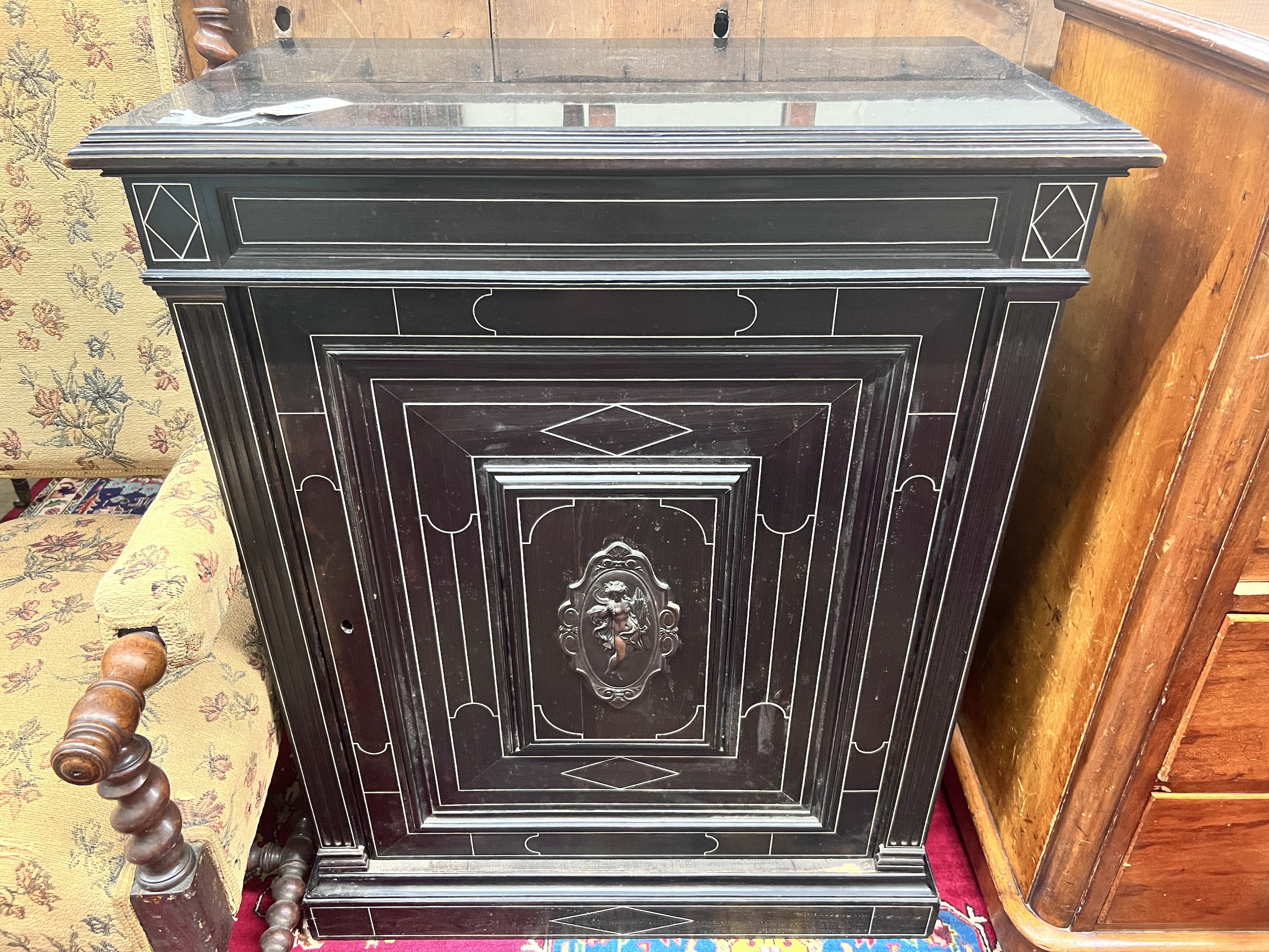 A French ebonised marble top pier cabinet, width 79cm, depth 43cm, height 99cm